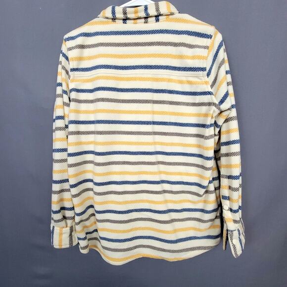 O’Neill Fleece Shacket Striped Cream Yellow Navy Snap Front Cozy Retro Casual - Picture 2 of 12